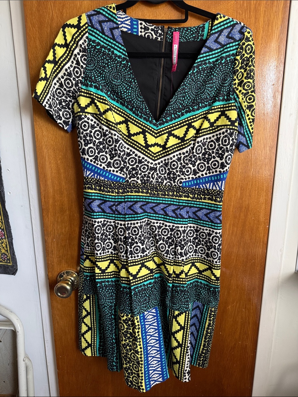 Tracy Reese Yellow Teal Blue Black Patterned Fit & Flare Mini Dress